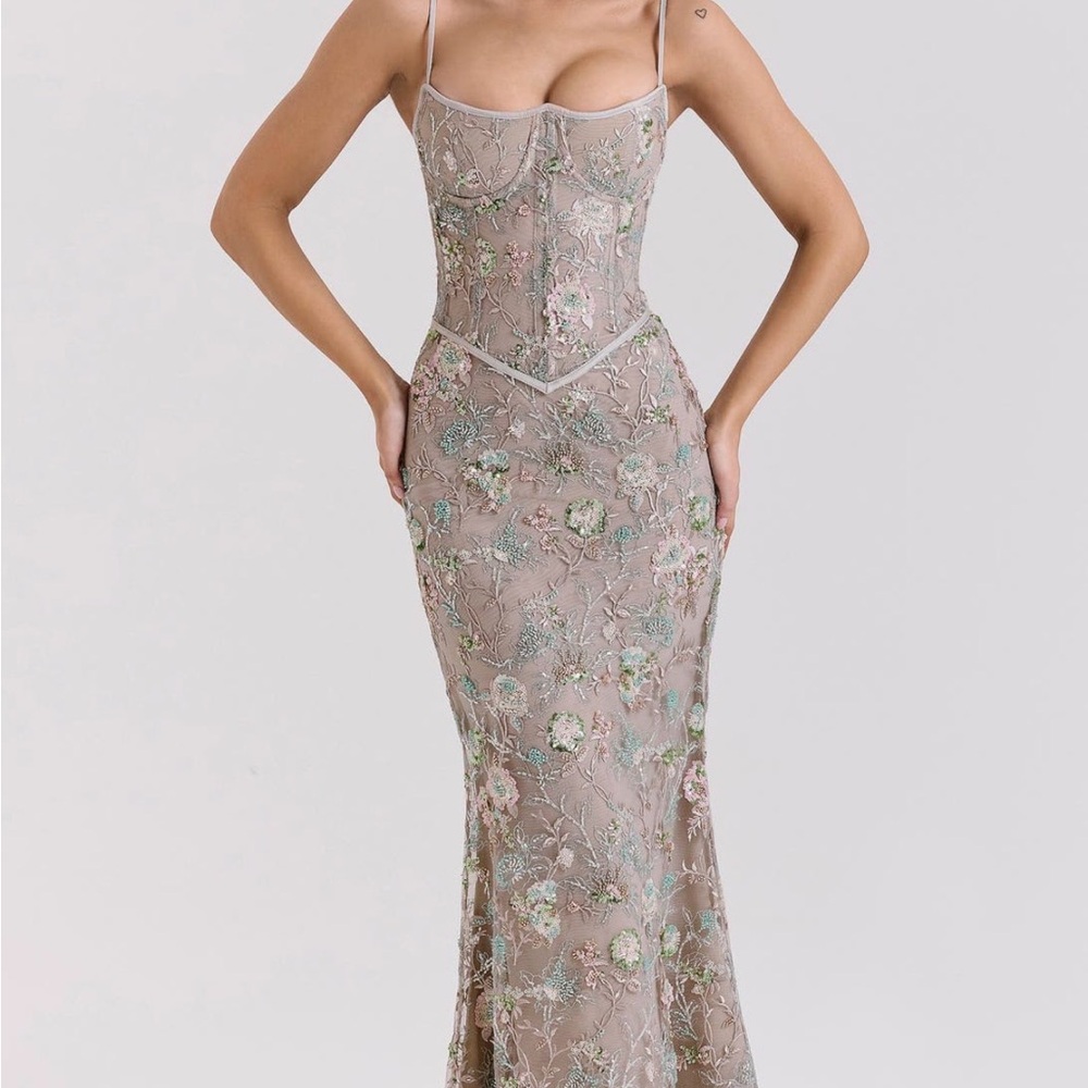 House of CB Taupe Floral Embroidered Corset Maxi Dress